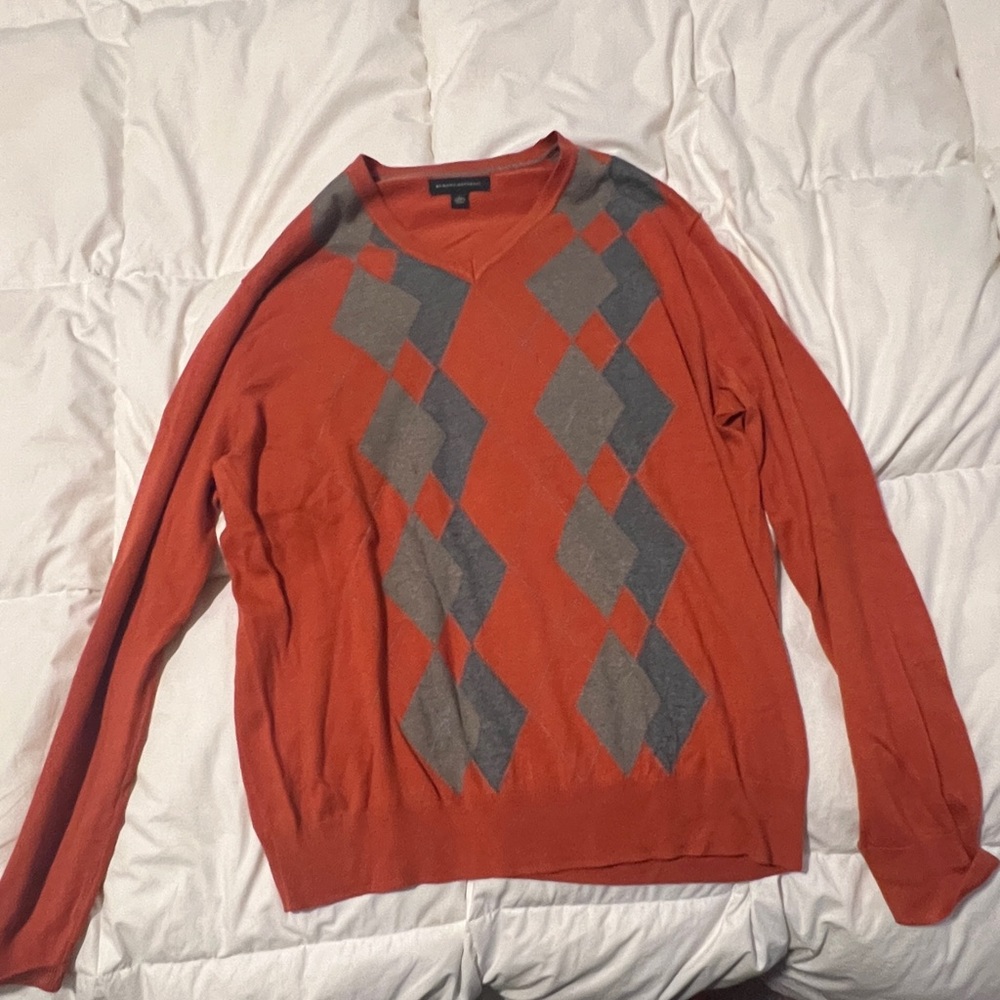 Banana Republic Argyle V- Neck Sweater - Orange/Grey - L